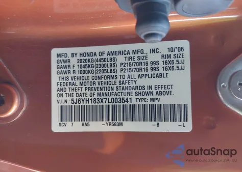 2007 Honda Element Lx из США, поврежденный, VIN 5J6YH183X7L003541